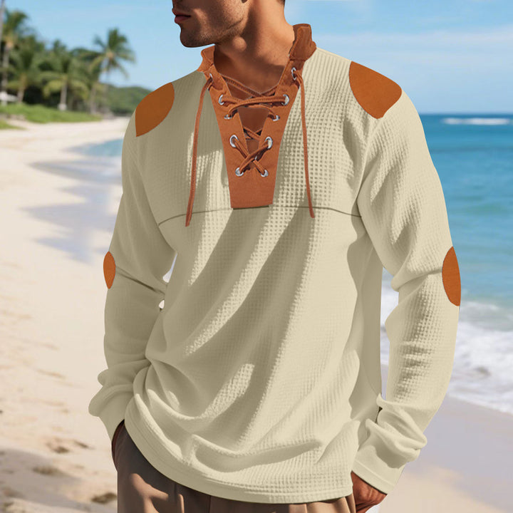 Herren lässiges Langarm-Henley-Shirt mit ausgefallenem Schnürdesign und kontrastrierenden Ellenbogen-Patches Drune