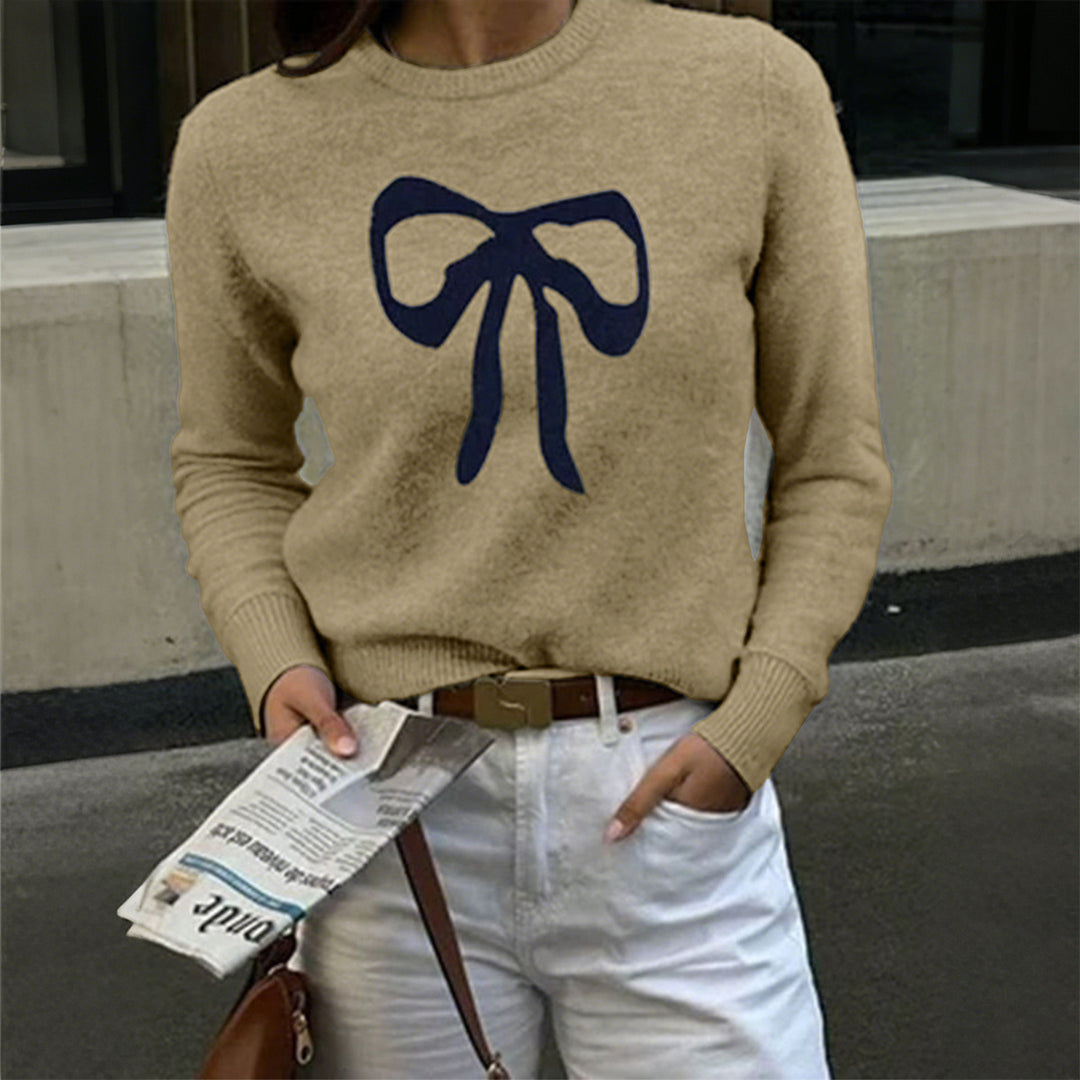 Damen nan Feinstrickpullover mit großem Schleifenprint, Rundhalsausschnitt und schmaler Passform Drune