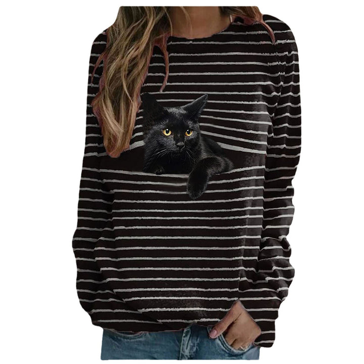 Damen nan lässiger Streifenpullover mit fotorealistischer Katzentasche und Rundhalsausschnitt Drune