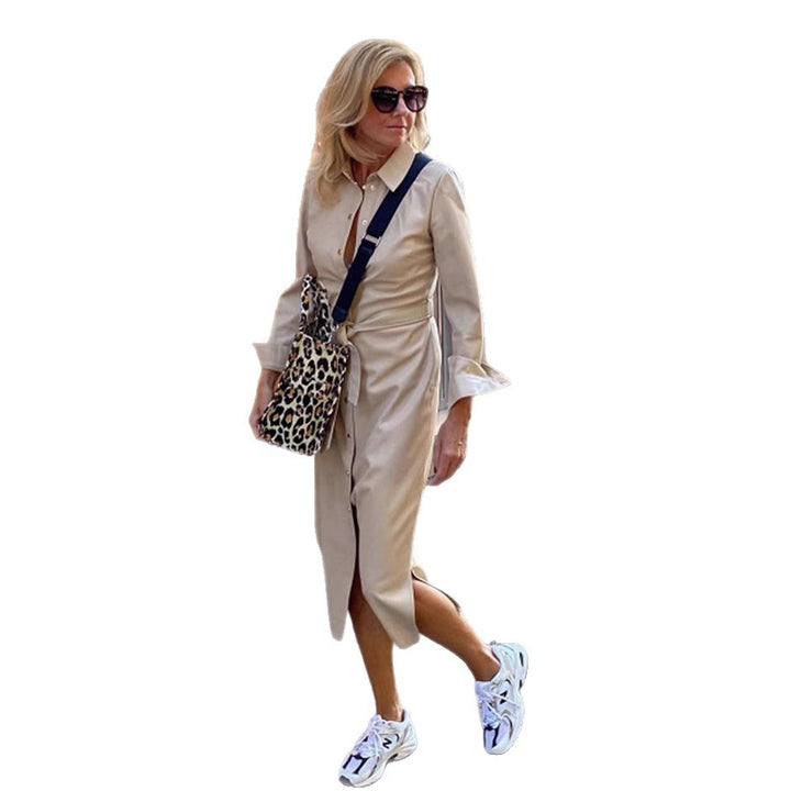 Damen nan figurnahe Hemdblusen-Midikleid mit Taillenbindegürtel, Volantmanschetten und dezenter Frontschlitz Drune