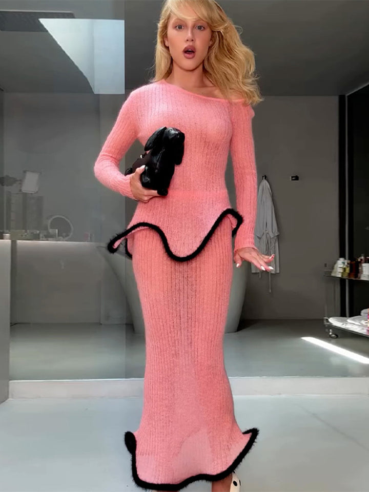 Damen Figurbetontes langes Rippstrick-Kleid mit asymmetrischem Ausschnitt, Volant‑Peplum und kontrastierender Kederkante Drune