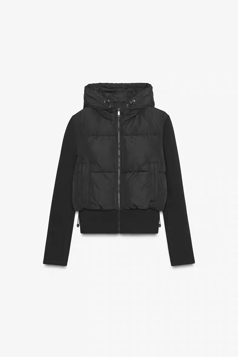 Damen Kurz geschnittene Hybrid-Steppjacke mit Kapuze, Taillenzug und elastischen Ärmeln Drune