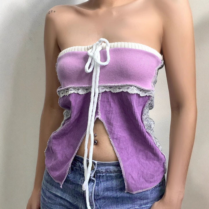 Damen Offshoulder Top mit Spitzenakzenten und Tasche Drune