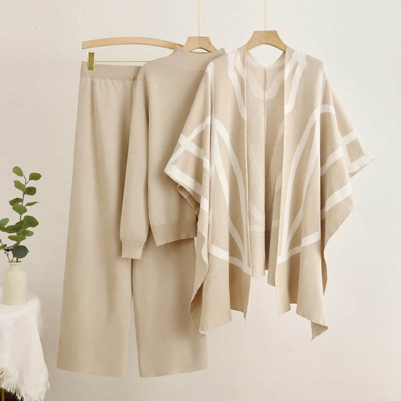 Damen trendiges Strick-Loungewear-Set mit grafischem Poncho-Design Drune