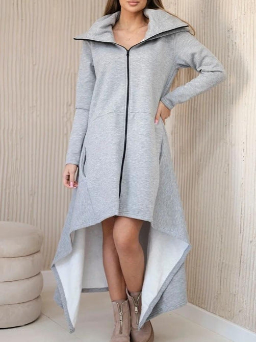 Damen nan asymmetrisches Sweatkleid mit hohem Stehkragen, durchgehendem Reißverschluss und verlängertem Rückensaum Drune