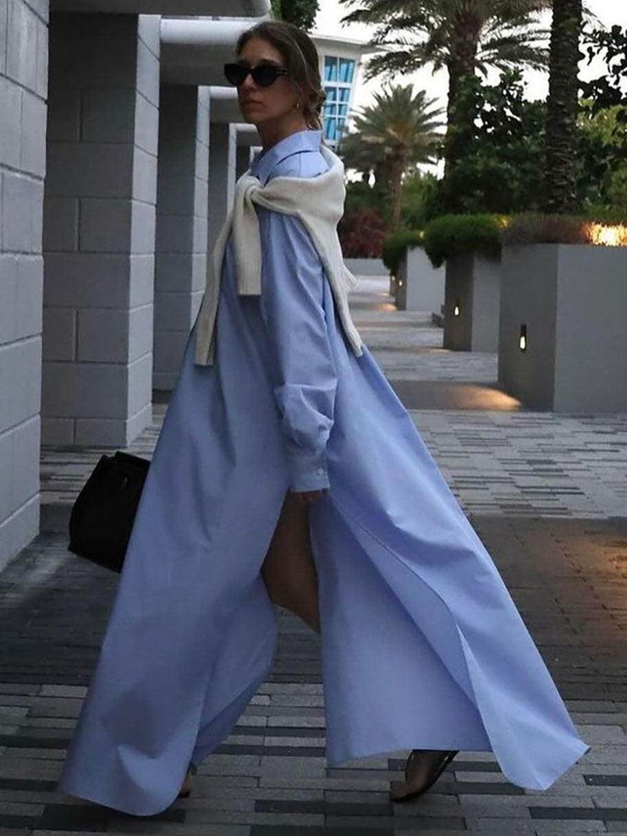 Damen Maxikleid im Hemdblusen-Stil mit seitlichem Schlitz und langen Ärmeln Drune