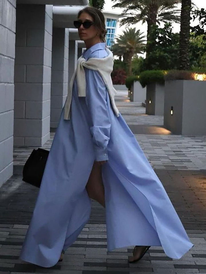 Damen Maxikleid im Hemdblusen-Stil mit seitlichem Schlitz und langen Ärmeln Drune