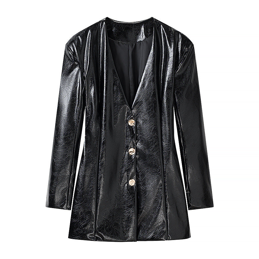 Damen Lackblazer-Minikleid mit taillierten Abnähern und goldenen Zierknöpfen Drune