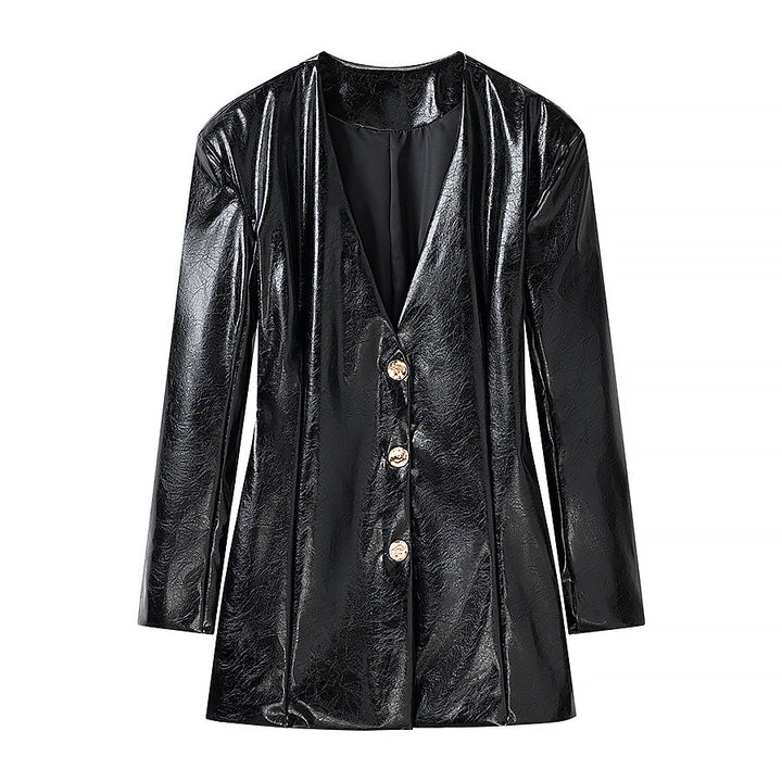 Damen Lackblazer-Minikleid mit taillierten Abnähern und goldenen Zierknöpfen Drune