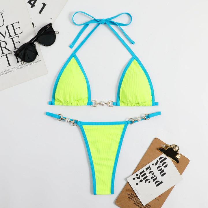 Damen Triangel-Bikini mit modischem Rippdesign und dekorativen Elementen Drune
