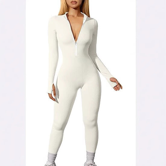 Damen nan figurbetonter Ripp-Jumpsuit mit hohem Halsausschnitt, langem Arm und sculptender Nahtführung Drune