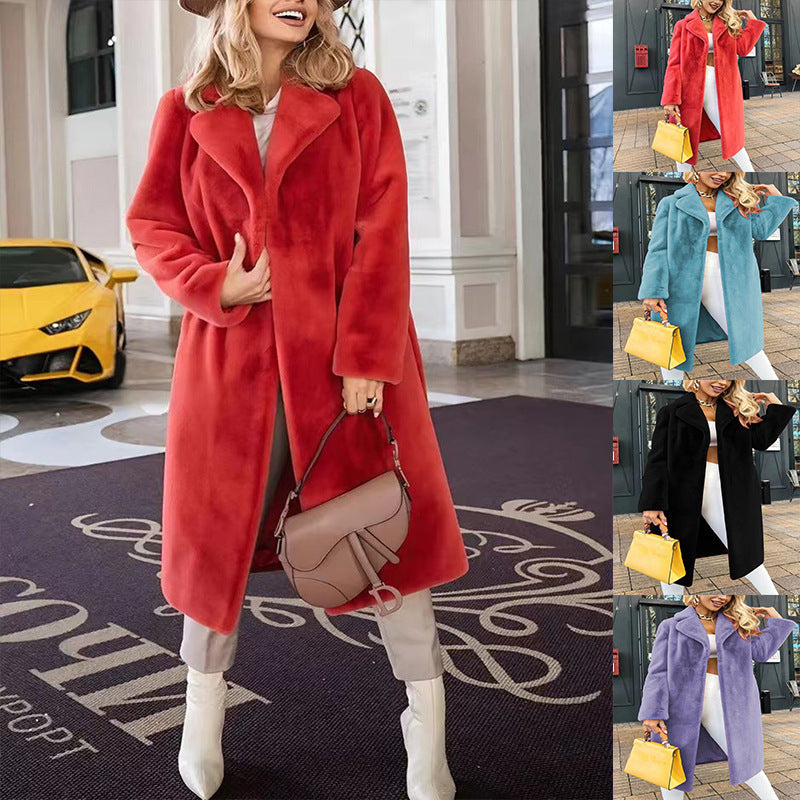 Damen Langer Fleece-Mantel mit elegantem Kragen und schlanker Silhouette Drune