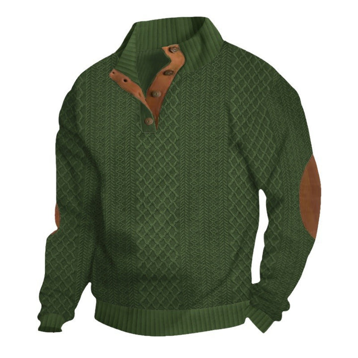 Herren Strukturiertes Zopfmuster-Henley-Pullover mit Lederbesatz an Ellbogen & Knopfleiste Drune