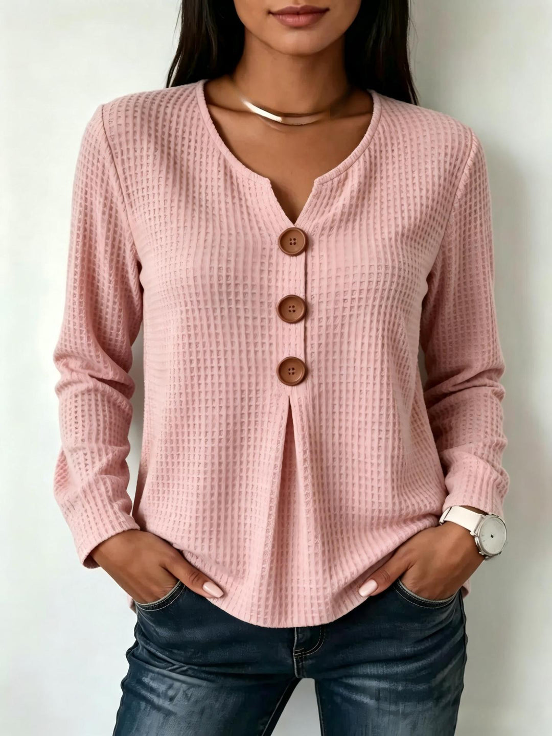Damen Modisches Langarmshirt mit Knopfdetails Drune