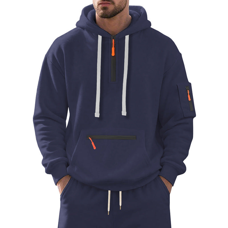 Herren Oversize-Kapuzenpullover mit halbem Reißverschluss, Kängurutasche mit Reißverschluss und Ärmel-Pocket Drune