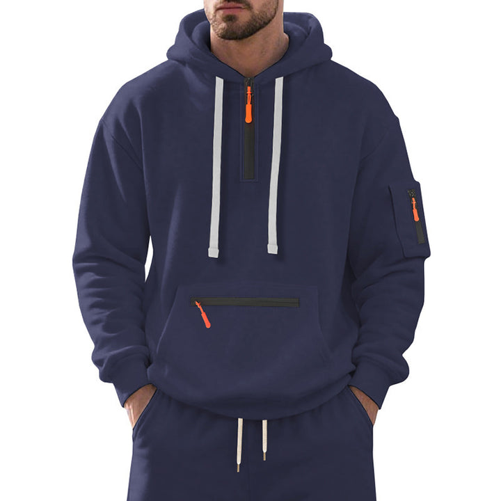 Herren Oversize-Kapuzenpullover mit halbem Reißverschluss, Kängurutasche mit Reißverschluss und Ärmel-Pocket Drune