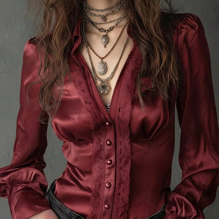 Damen Taillierte Satinbluse mit Spitzenpasse, Knopfleiste und Puffärmeln Drune