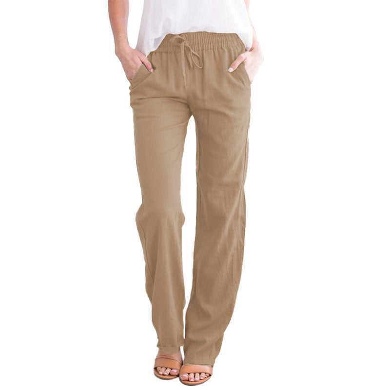 Damen Leichte Leinenoptik Palazzo-Hose mit Gummibund, Tunnelzug und Eingrifftaschen Drune