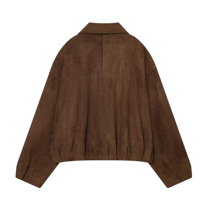 Damen nan kastige Cropped-Bikerjacke aus Wildlederimitat mit Schulterklappen und Reißverschlusstaschen Drune