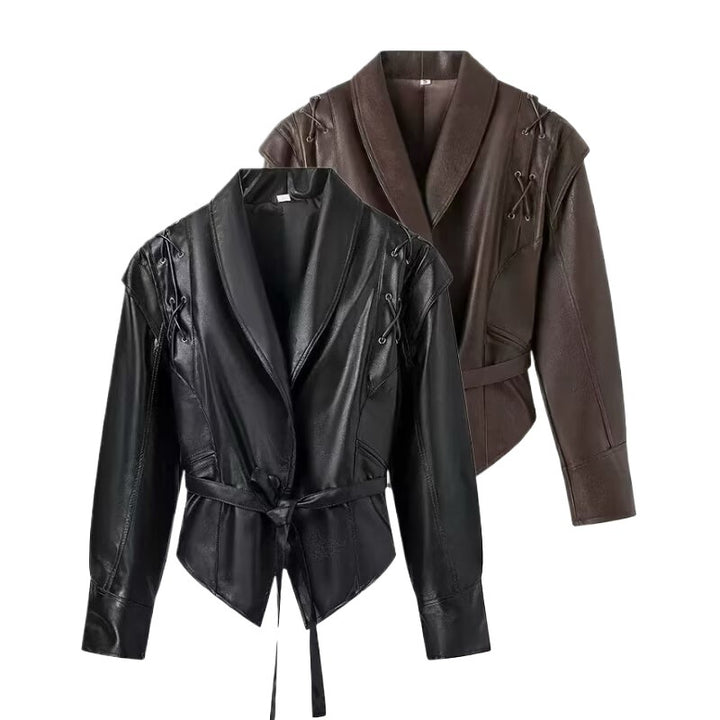 Damen Kunstlederjacke mit taillierbarem Gürtel und kontrastierenden Nähten Drune