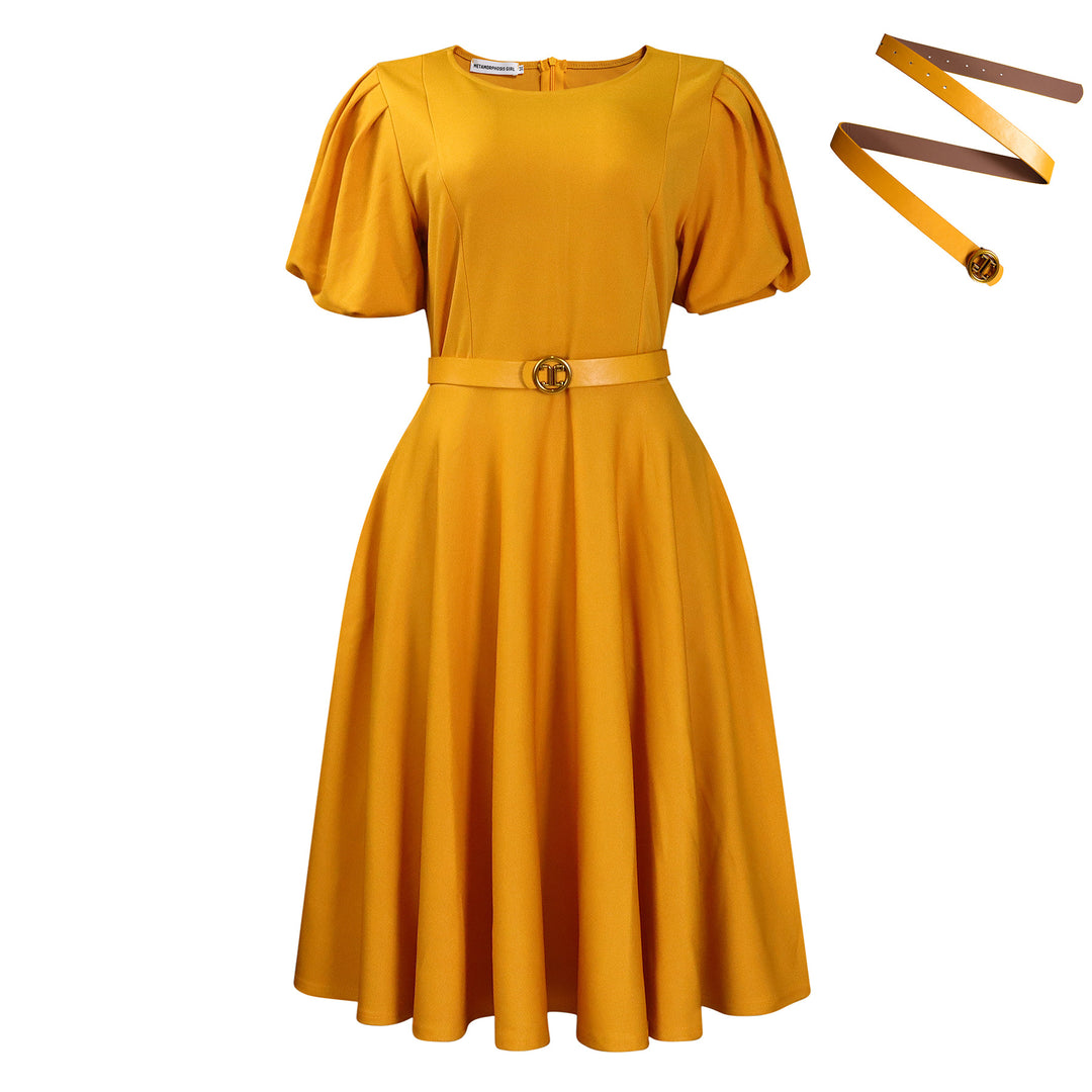 Damen Midi-Kleid mit Puffärmeln und tailliertem Gürtel Drune