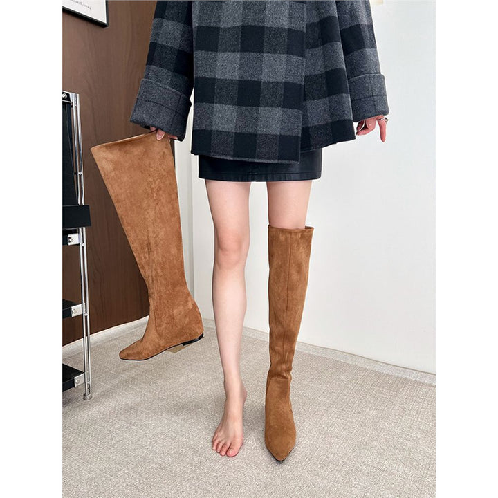 Damen kniehohe Slouch-Stiefel aus Veloursleder mit spitzer Zehenpartie Drune