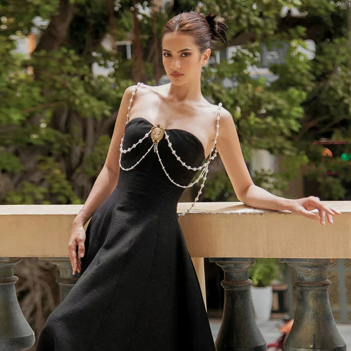 Damen Elegantes Vintage-Kleid mit Perlenverzierung Drune