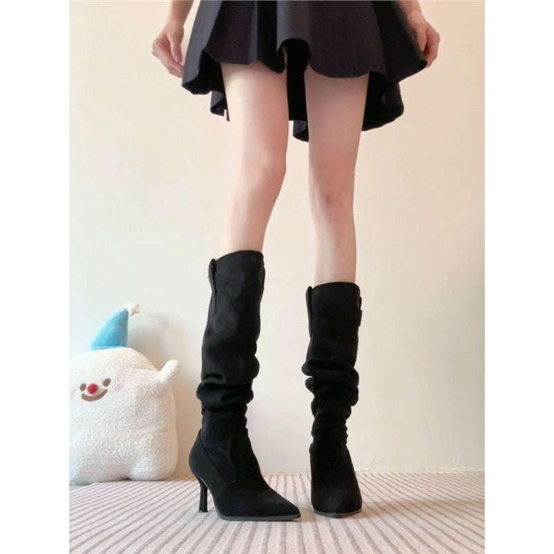 Damen kniehohe Slouch-Stiefel mit spitz zulaufender Kappe und schlankem Stiletto Drune