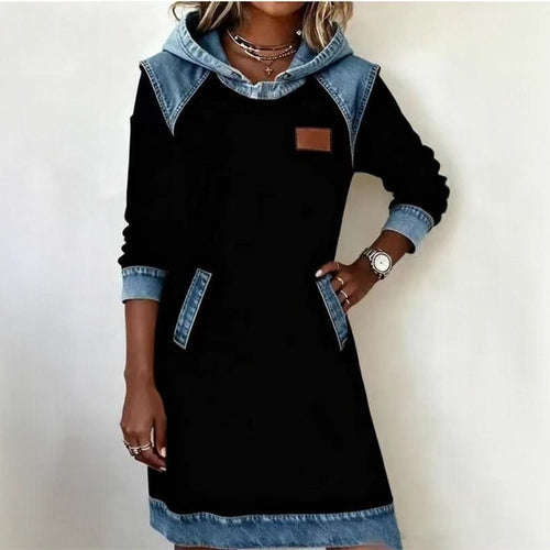 Damen nan Kapuzen-Sweatkleid mit Jeans-Applikationen, Kängurutaschen und lässigem Schnitt Drune