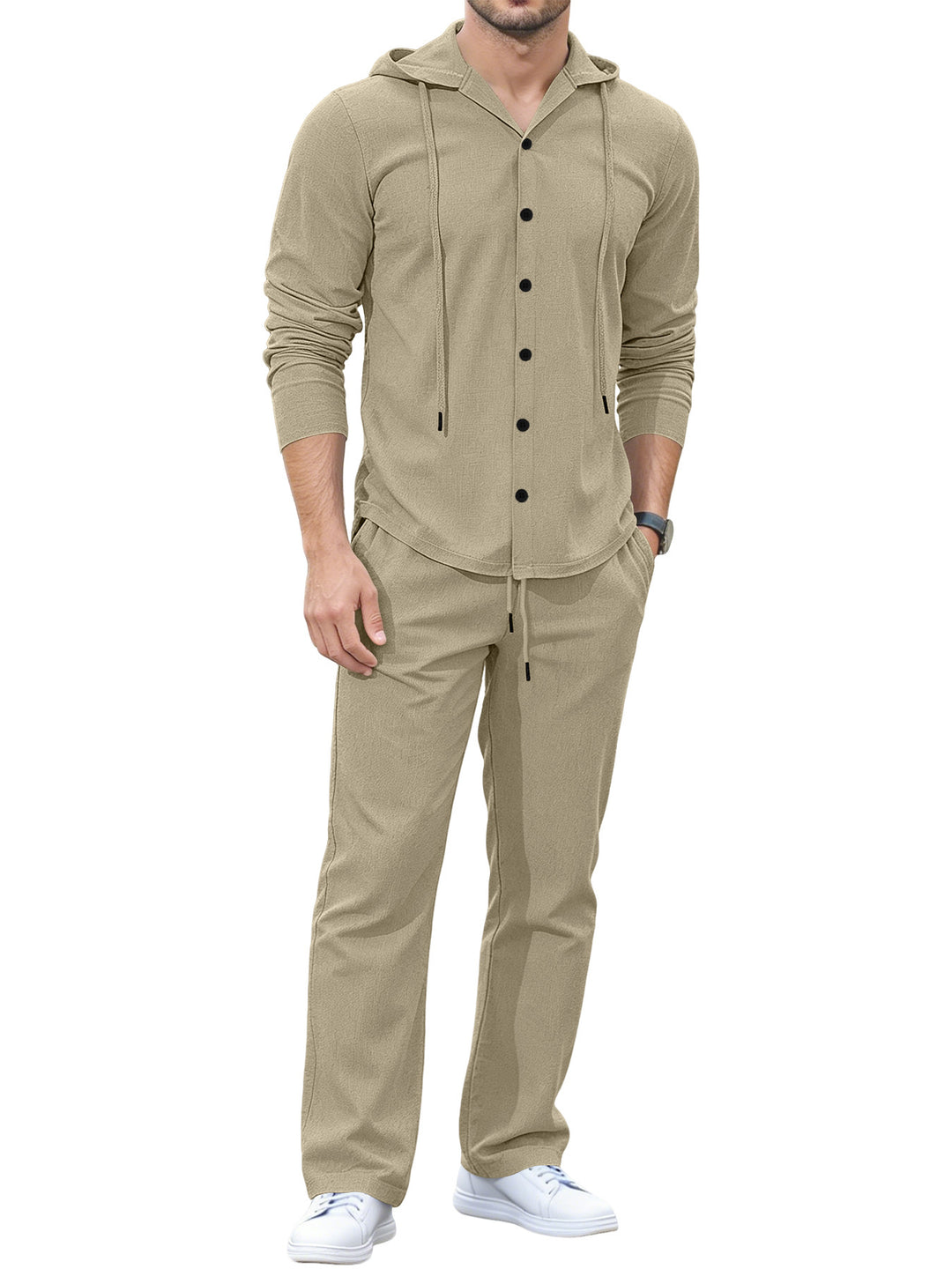 Herren Lässiges Knopf‑Hoodie Lounge‑Set aus Jersey mit Kordelzug und Komfort‑Jogger Drune