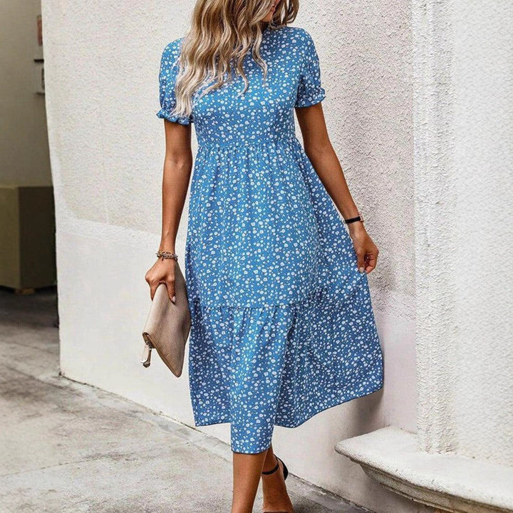 Damen nan ausgestelltes Midikleid mit hohem Rundhalsausschnitt, Puffärmeln, geraffter Empire-Taille und Stufensaum Drune