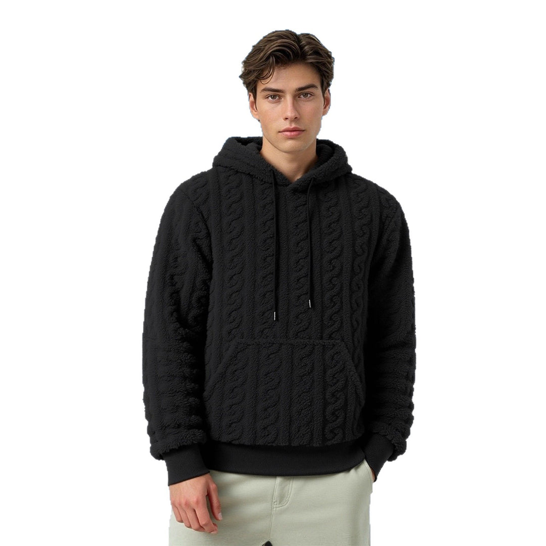Herren Flauschiger Sherpa-Hoodie mit Zopfmuster, Kängurutasche und Rippbündchen Drune