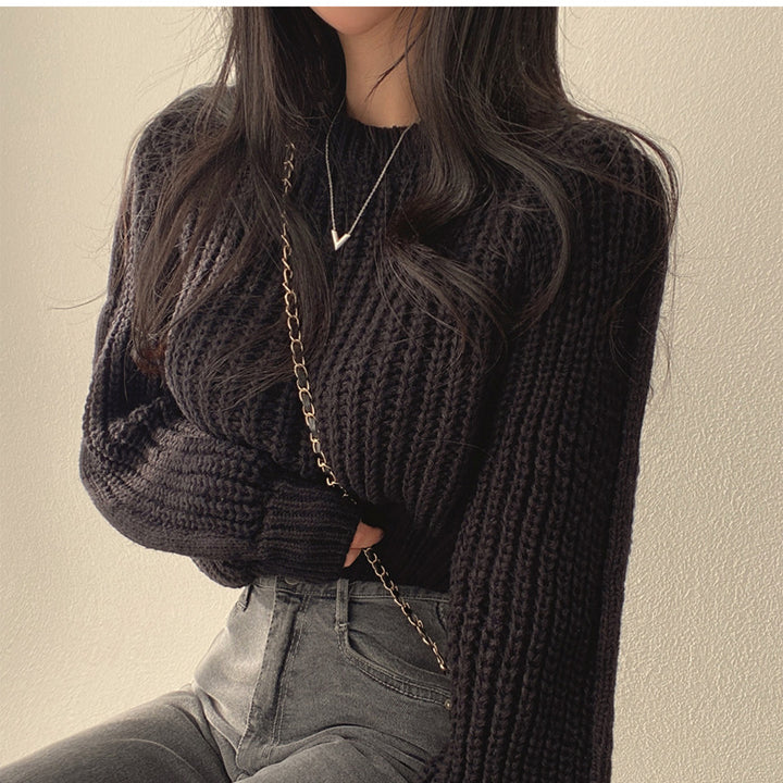 Damen grob gestrickter Pullover mit voluminösen Ärmeln und strukturierter Textur Drune