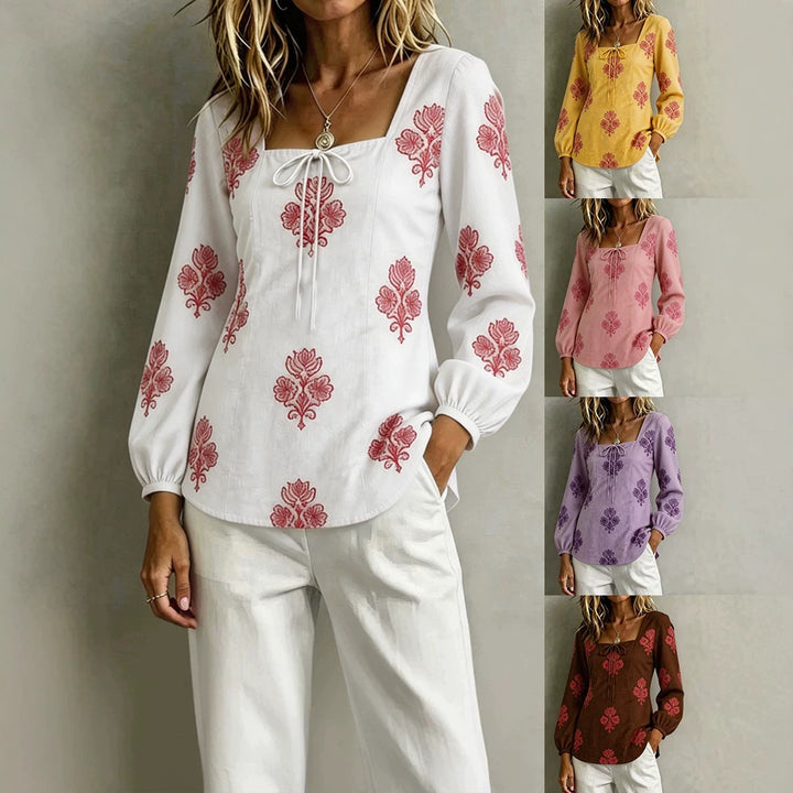Damen Bestickte Tunika-Bluse mit quadratischem Ausschnitt und femininen Ballonärmeln Drune