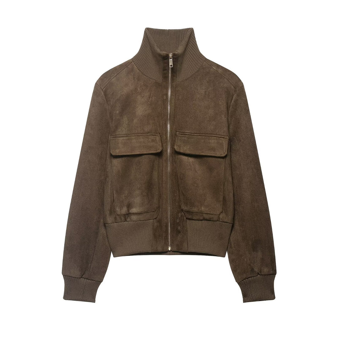 Damen Bomberjacke aus Velourslederoptik mit hohem Rippkragen und Pattentaschen Drune