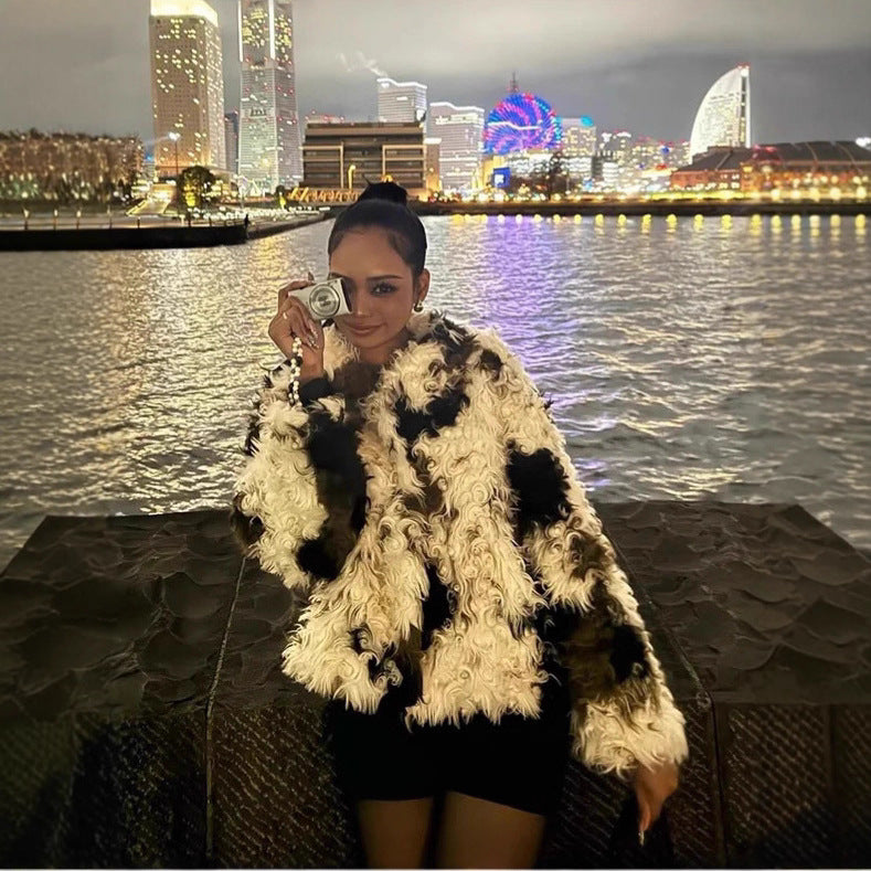 Damen Kurze Shaggy-Faux-Fur-Bomberjacke mit strukturierter Patchwork-Optik Drune