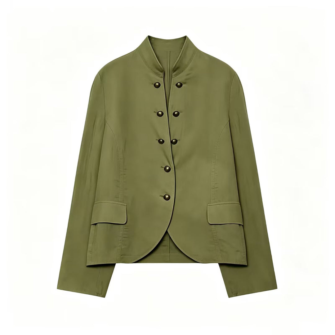 Damen Elegante Kurzjacke mit Stehkragen, Zierriegelknöpfen und Pattentaschen Drune