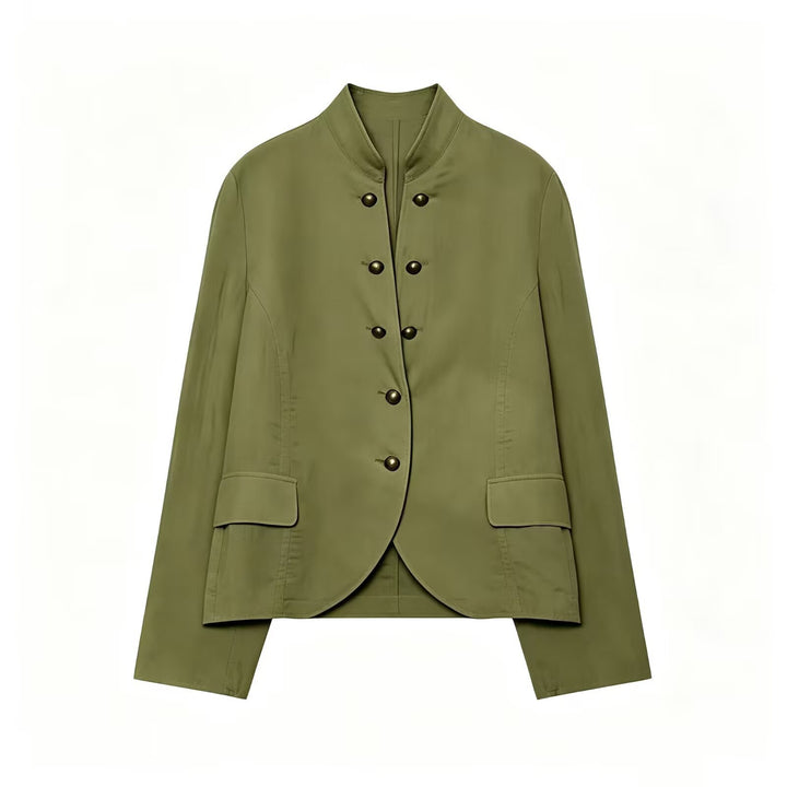 Damen Elegante Kurzjacke mit Stehkragen, Zierriegelknöpfen und Pattentaschen Drune