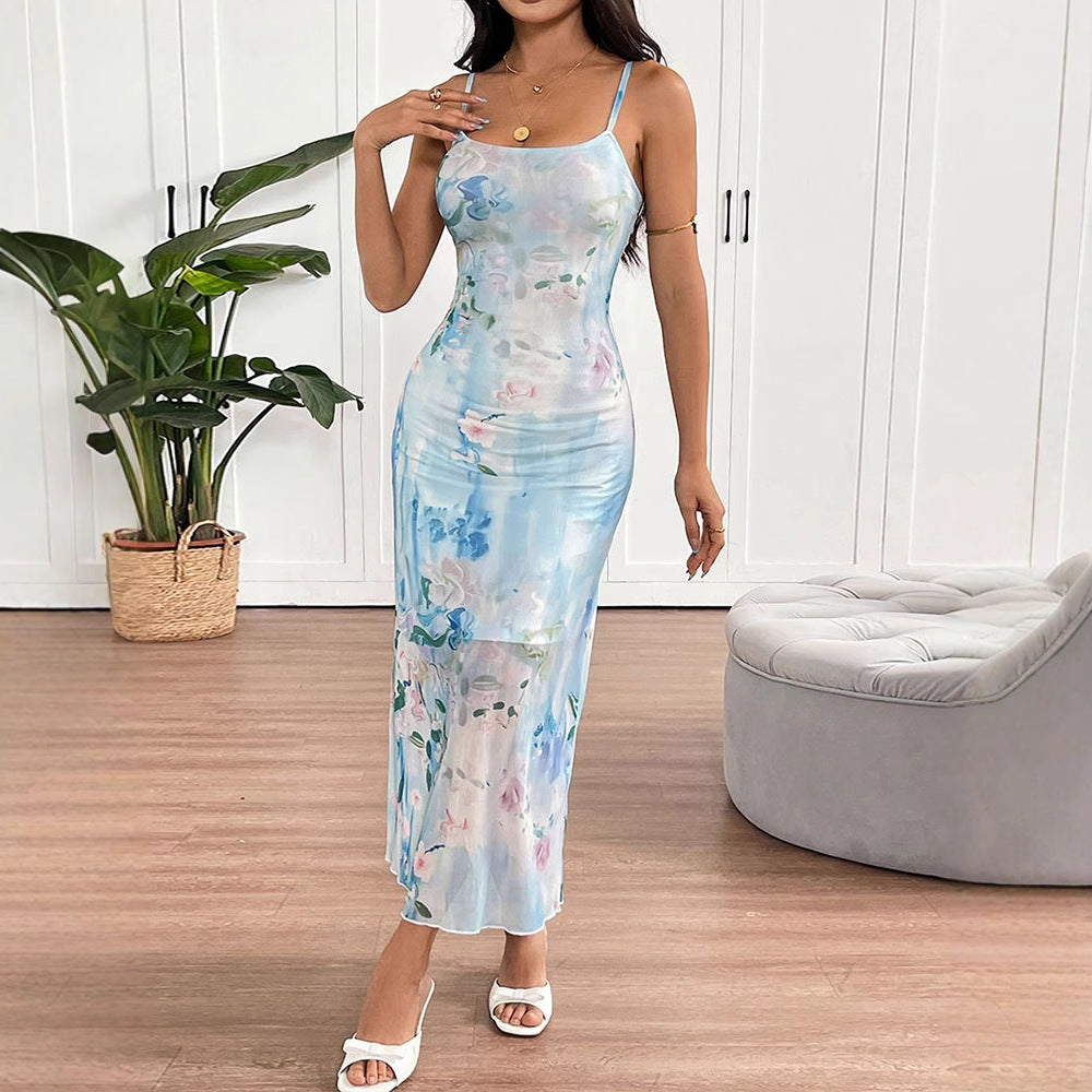 Damen fließendes Maxikleid mit Spaghettiträgern und floralem Druck Drune