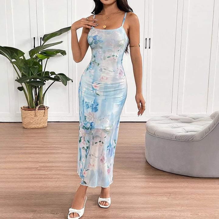 Damen fließendes Maxikleid mit Spaghettiträgern und floralem Druck Drune