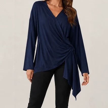 Damen Wickelshirt mit seitlicher Knotenpartie, V‑Ausschnitt und asymmetrischem Saum Drune