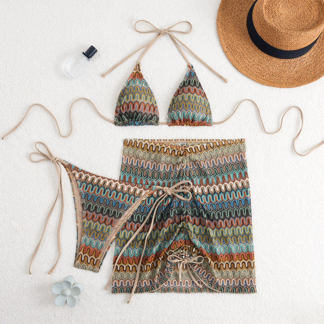 Damen Triangel-Bikini mit Raffinierten Knüpfdetails und Passendem Rock Drune