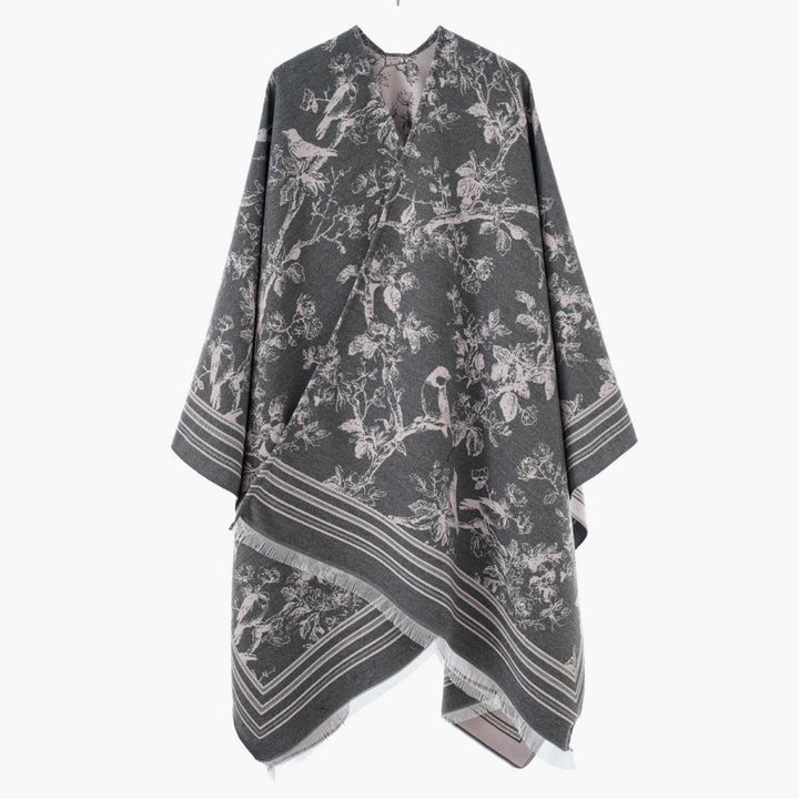 Damen Offener Jacquard‑Kaftanponcho mit Vogel‑ und Blumenmotiv Drune