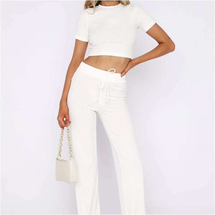 Damen Geripptes Crop-Set aus Stretch‑Jersey mit taillenhoher Kordel-Hose Drune