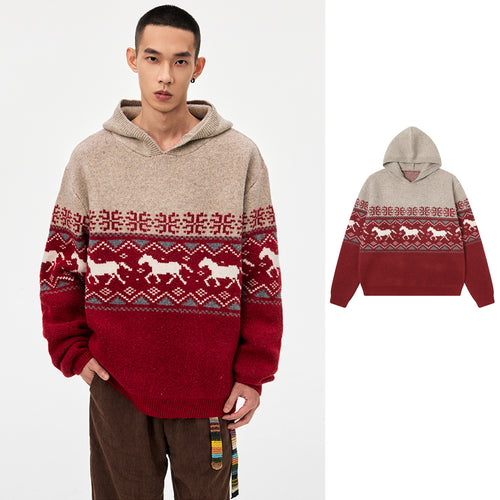 Damen Gemütlicher Grobstrickpullover mit Kapuze und Pferdemotiv Drune