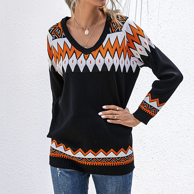 Damen Oversize Strickpullover mit geometrischem Aztekenmuster und asymmetrischem schulterfreiem Ausschnitt Drune