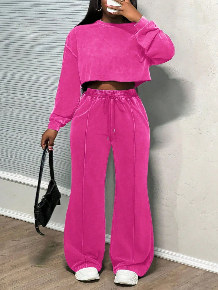 Damen cropped Loungewear-Set mit weitem Hosenbein und hohem Bund Drune