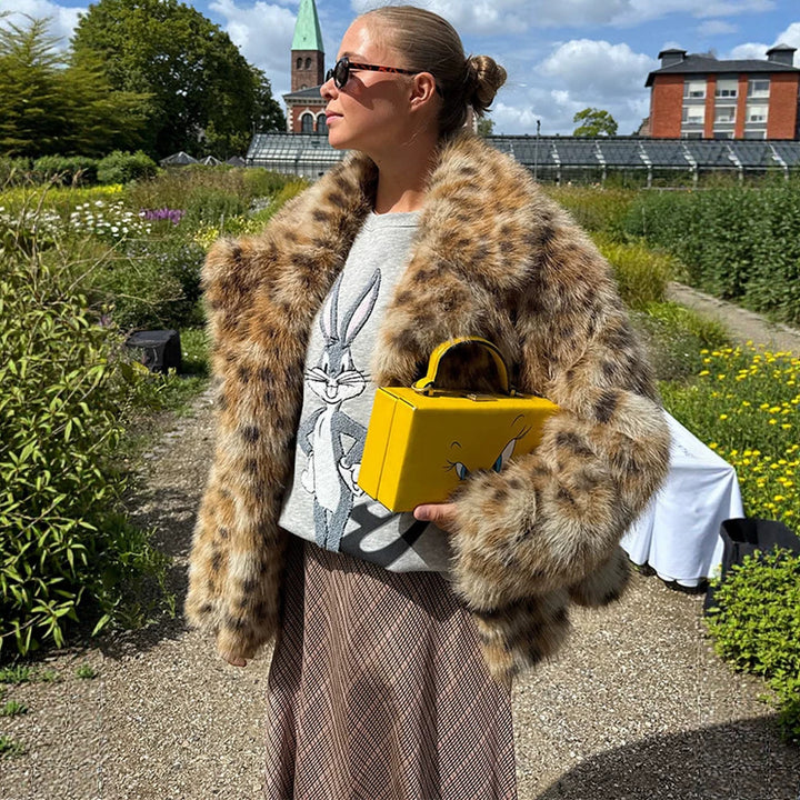 Damen Gefleckte Kurz-Kunstpelzjacke mit Boxy-Silhouette und voluminösem Flor Drune