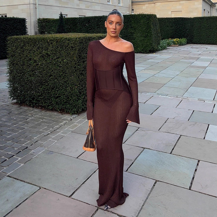 Damen One-Shoulder Maxikleid mit formendem Korsettbund und Rippstrick Drune