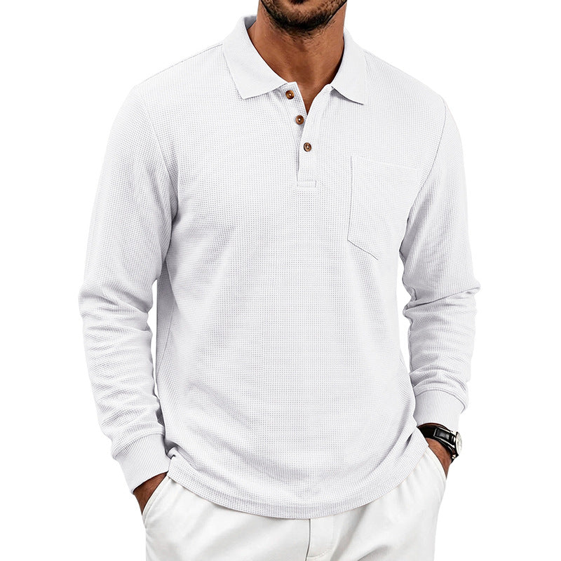 Herren Waffelstrukturiertes Langarm-Poloshirt mit Brusttasche und Holzknopfleiste Drune